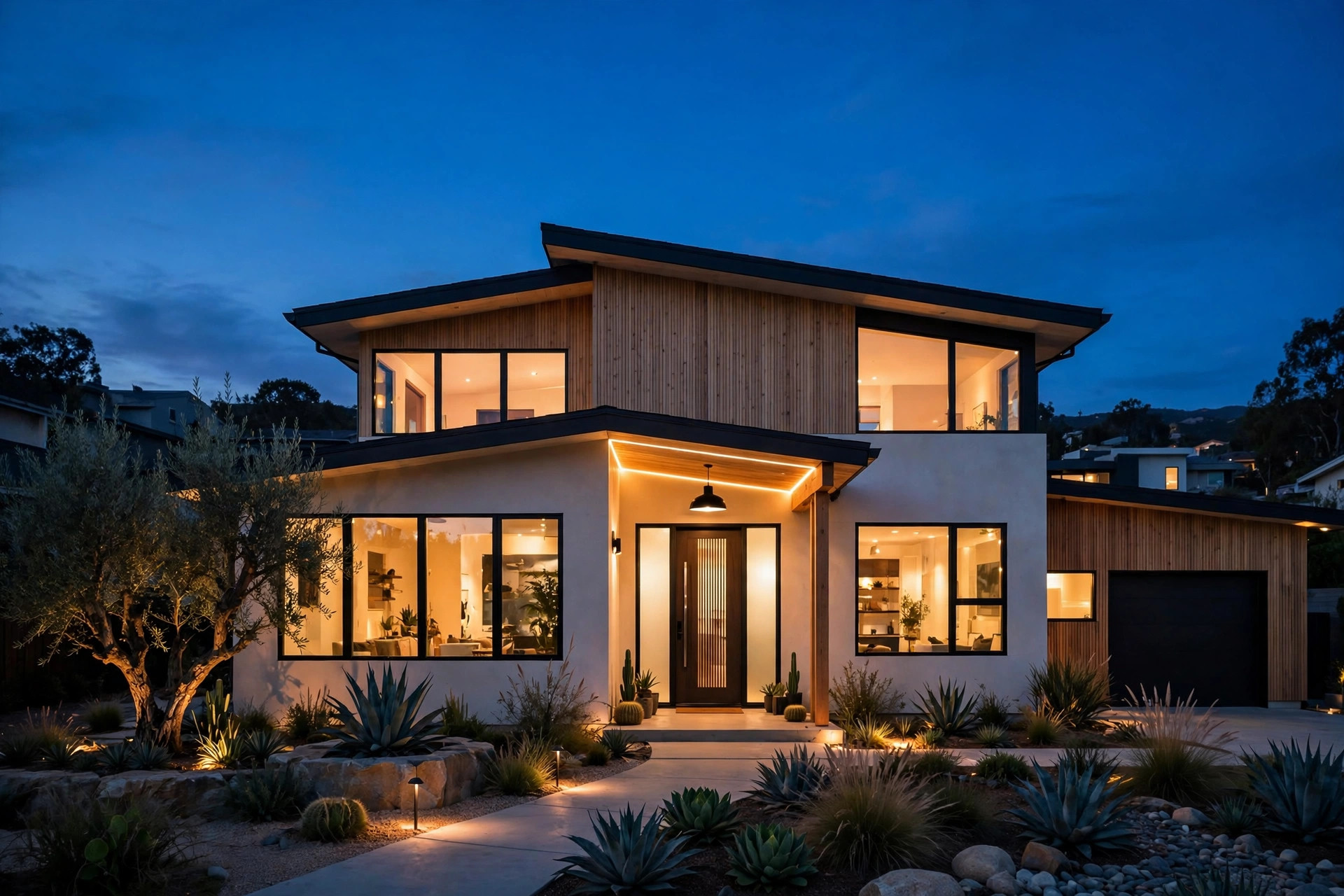 A modern California home at dusk with every window warmly lit, representative photo