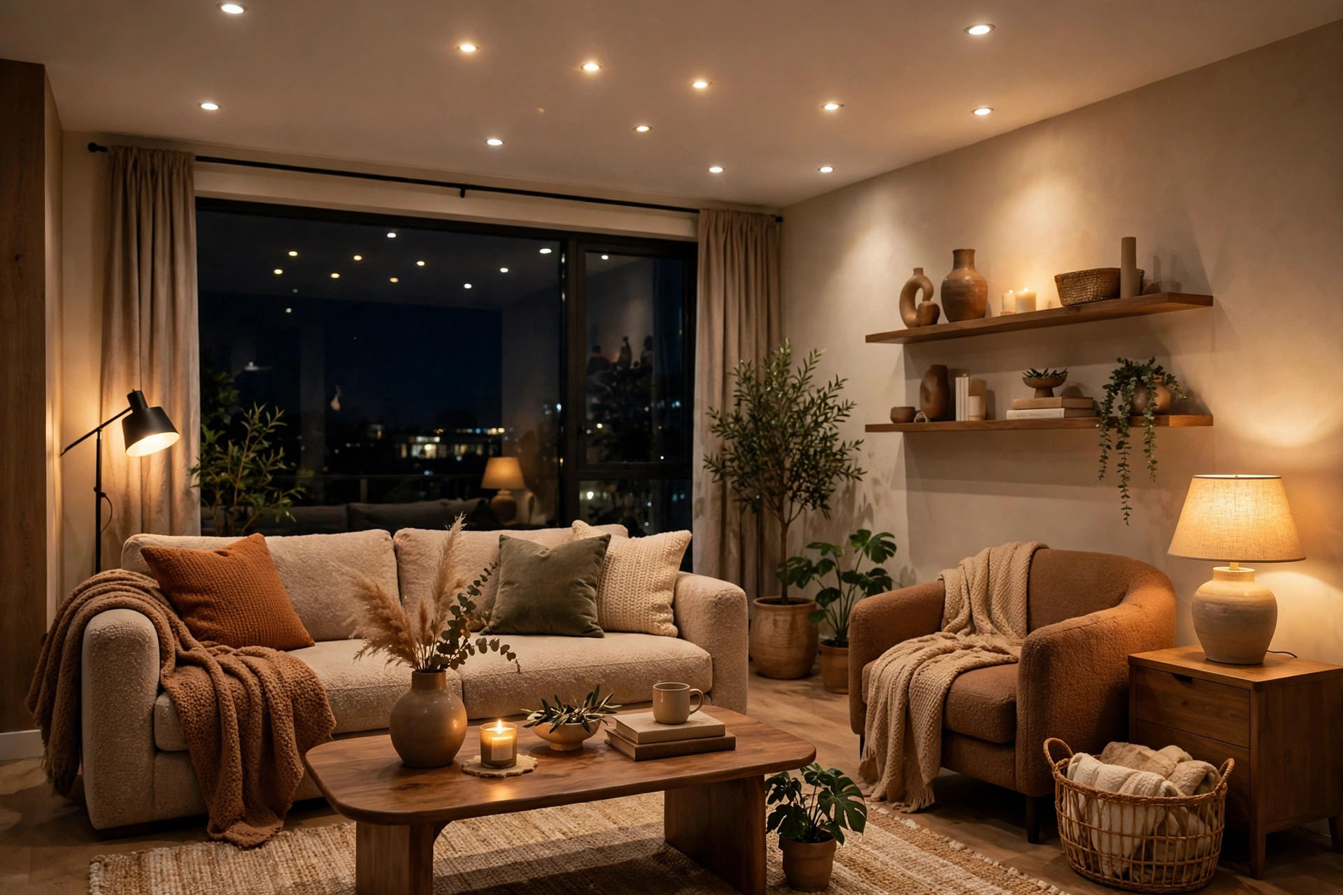 A warm modern living room lit by recessed ceiling lights, representative photo